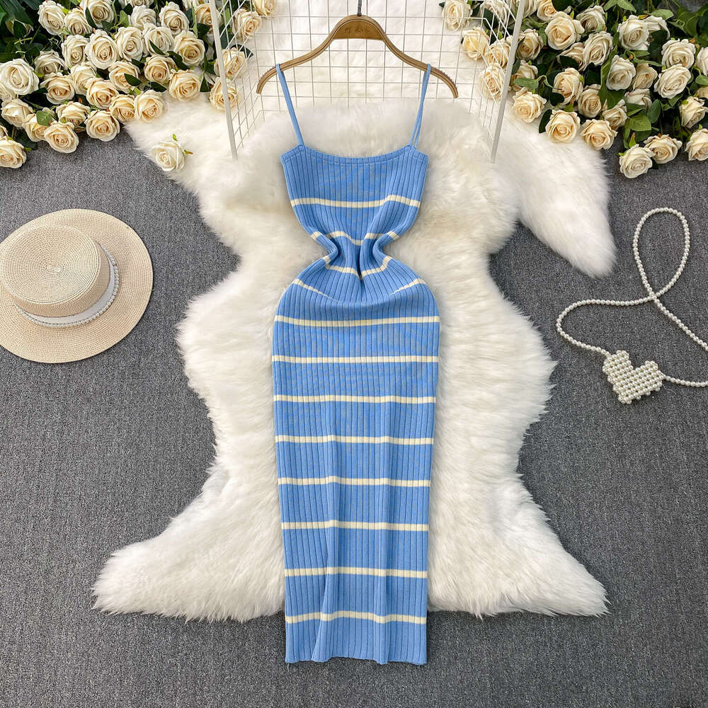 2026 European and American sexy backless a20 camisole dress summer new elastic striped knitted slim fit