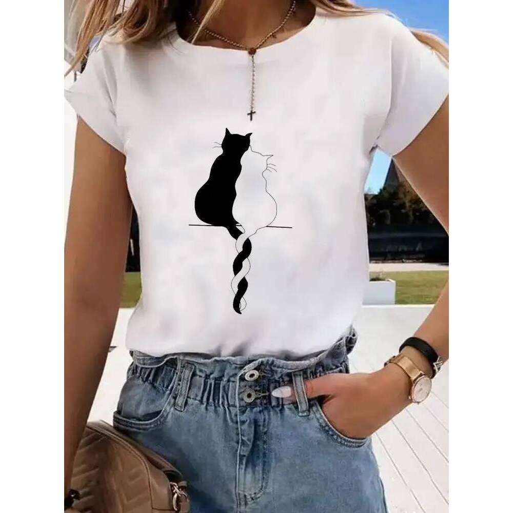 Short Sleeve Print Clothes Women Spring Summer Female Tee Fashion Cat Love Sweet Valentine Shirt Lady Graphic T-shirt Z260314