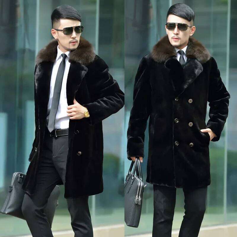 Suit Collar Double-breasted Faux Men Luxury Brand Winter Thick Warm Fur Slim Korean Trench Coat Long Sleeve New Z260313