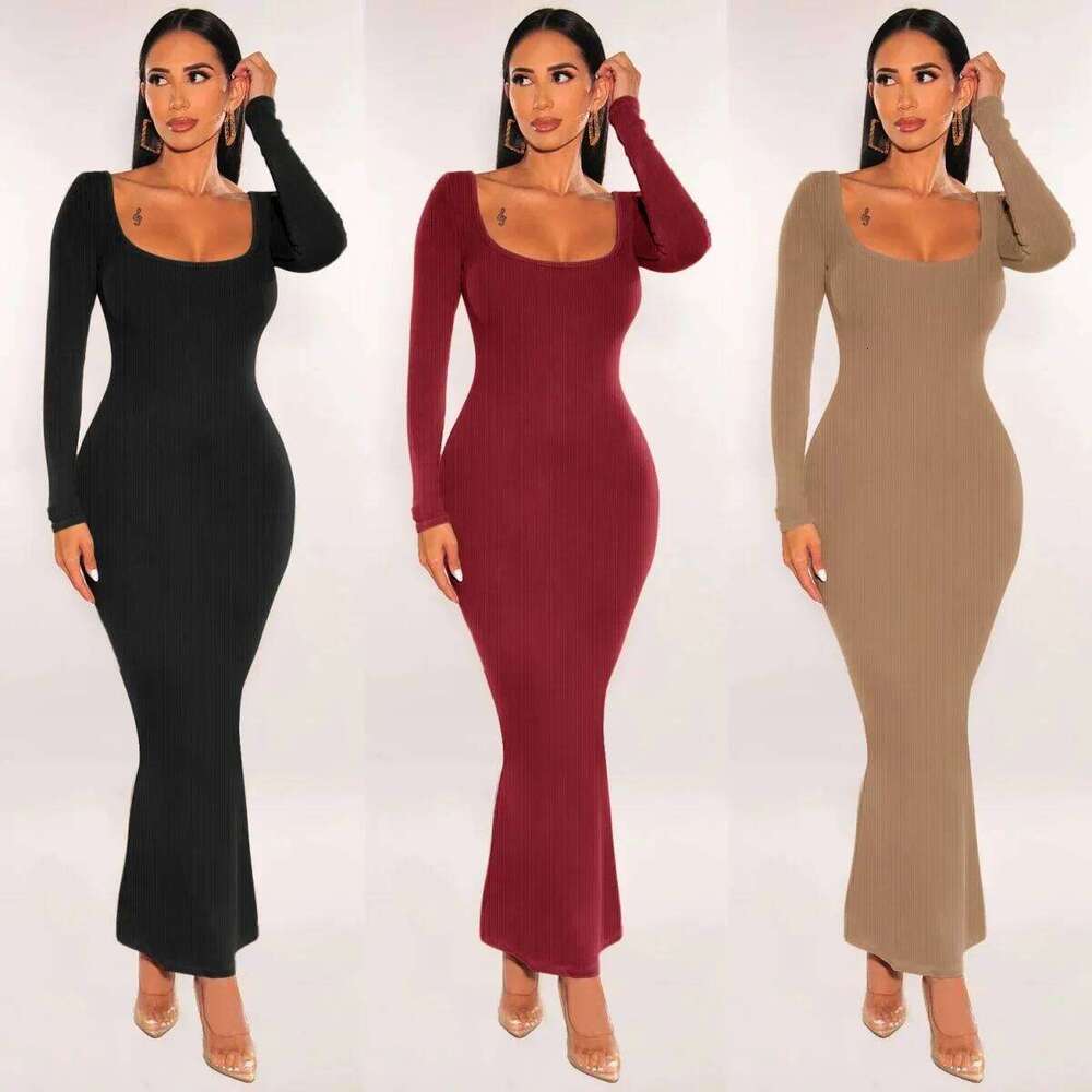 Women Ribbed Knit Sleeve Maxi Slim Fit Solid Color Bodycon Pencil Long Dress Casual Fall Spring Clothes Z260314