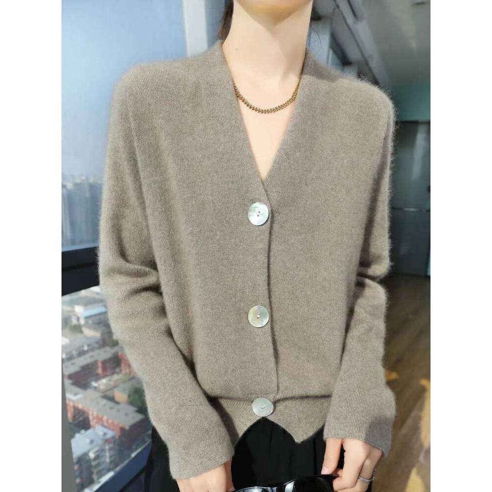 Women Sweater V-neck Cardigan Autumn Winter 30% Cashmere And 70% Merino Wool Knitwear Long Sleeve Soft Solid Grace Tops Z260314