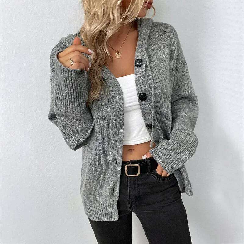 Women Knit Hooded Sweater Coat Single Breasted Thick Cardigan Solid Casual Splice Jumpers Full Sleeve Regular Winter 2024 Z260313