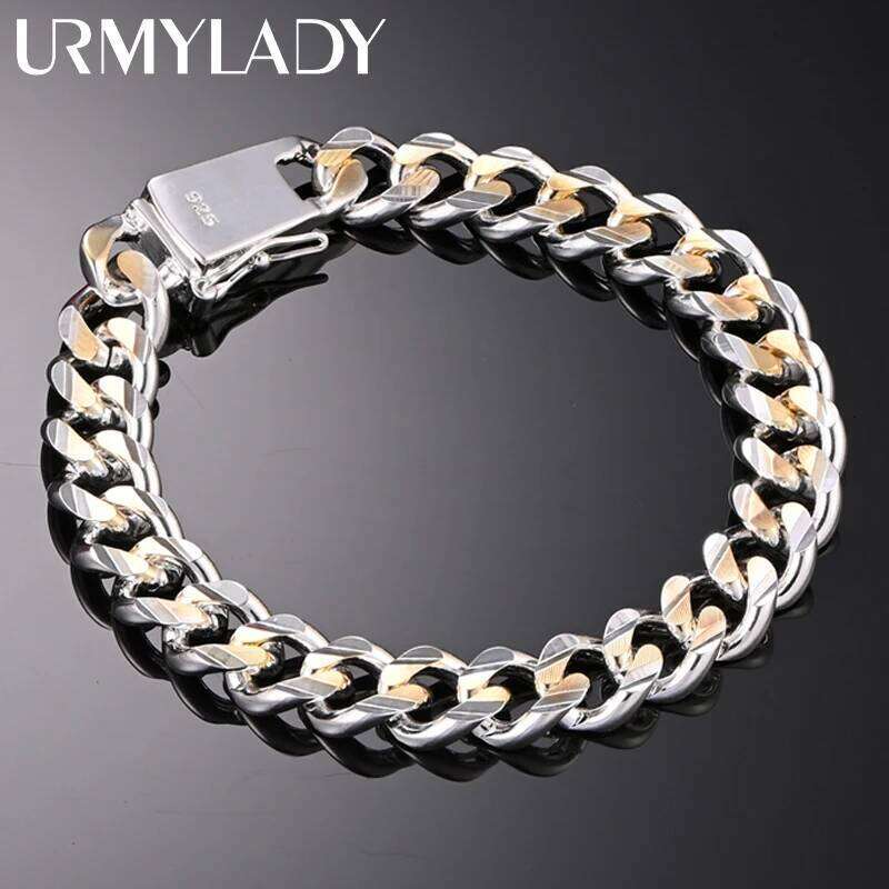 URMYLADY 925 Sterling Silver Gold 10mm Side Chain Bracelet For Men Women Wedding Party Fashion Exquisite Jewelry Z260313