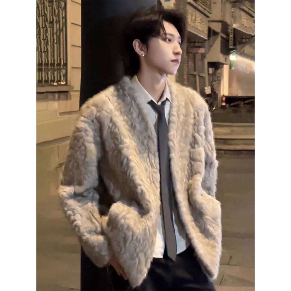 Men's Winter V Neck Fur-lined Faux Fur Coat Thickened Cotton-padded Warm Insulated Jacket Stylish Outerwear Chic Parkas Z260313