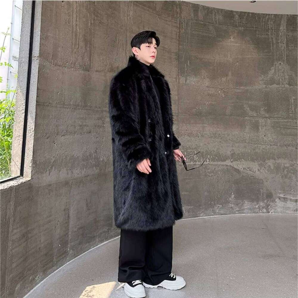 Black Faux Fur Coat Man Fashion Winter Thickened Warmer Fluffy Long Cotton-padded Jacket Overcoat Z260313