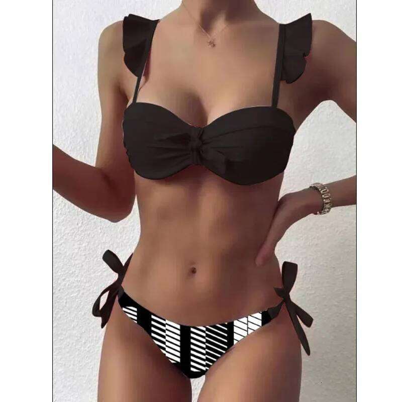 Cacocala 2024 Summer New Striped Lace Ruffle Women Bandeau Swimsuit Female Swimwear Bra Cup Bikini Set High Cut Bathing Suit Y260303