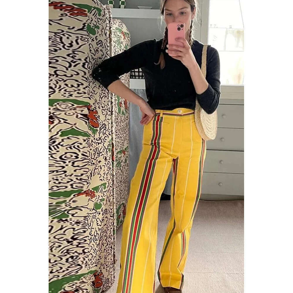 Women's Pants Contrast Color Striped Vintage Casual Straight Women High Waisted Trousers Fashion Printed Pocket Pant Z260314