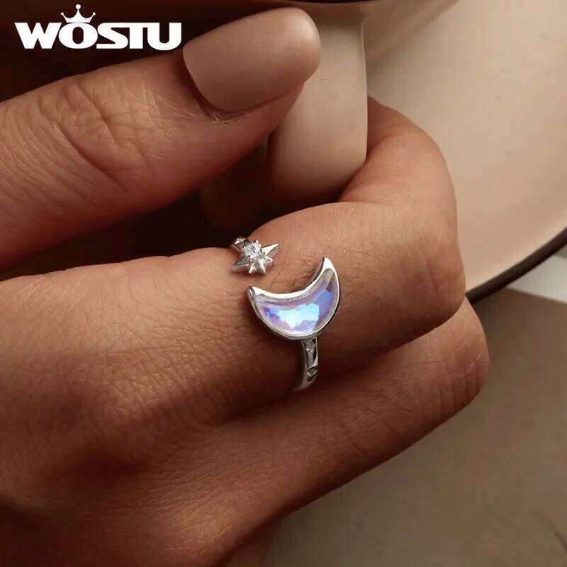 WOSTU 925 Sterling Silver Moon Star Open ring For Women Rainbow Moonstone Zircon Adjustable Rings ly Party Jewelry Gift New H260312