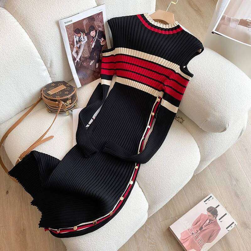 YuooMuoo 2025 Autumn Winter Women Knit Sweater Chic Fashion Cut Out Shoulders Long Sleeve Bodycon Lady Office Dress Z260314
