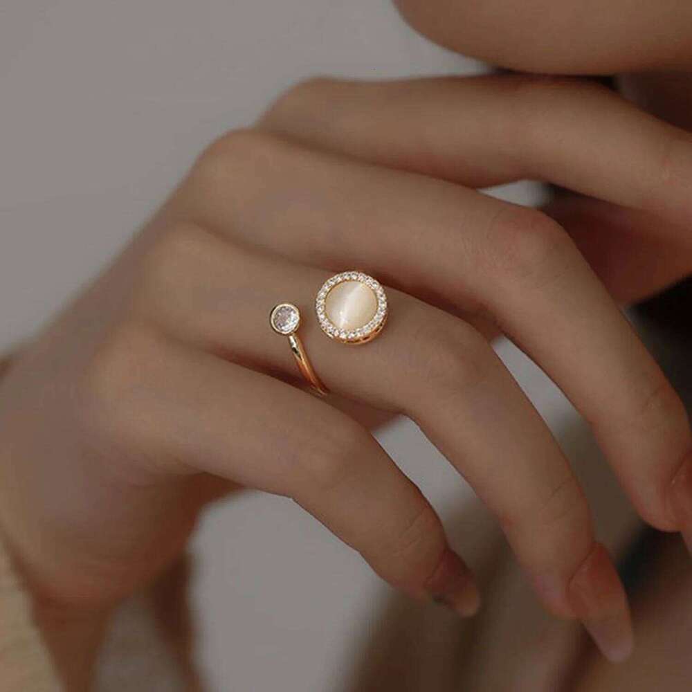Korea Opal Rotating Anxiety Rings For Women Gold Color Zircon Wedding Ring Adjustable Girls Anti Stress Fidget Jewelry Gift H260312