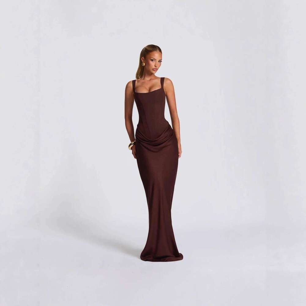 Cross-Border Spring 2026 Women's Slim Fit Fishbone Strap Long Pure Color Bodycon Dress Sexy Style Shoulderless Gown