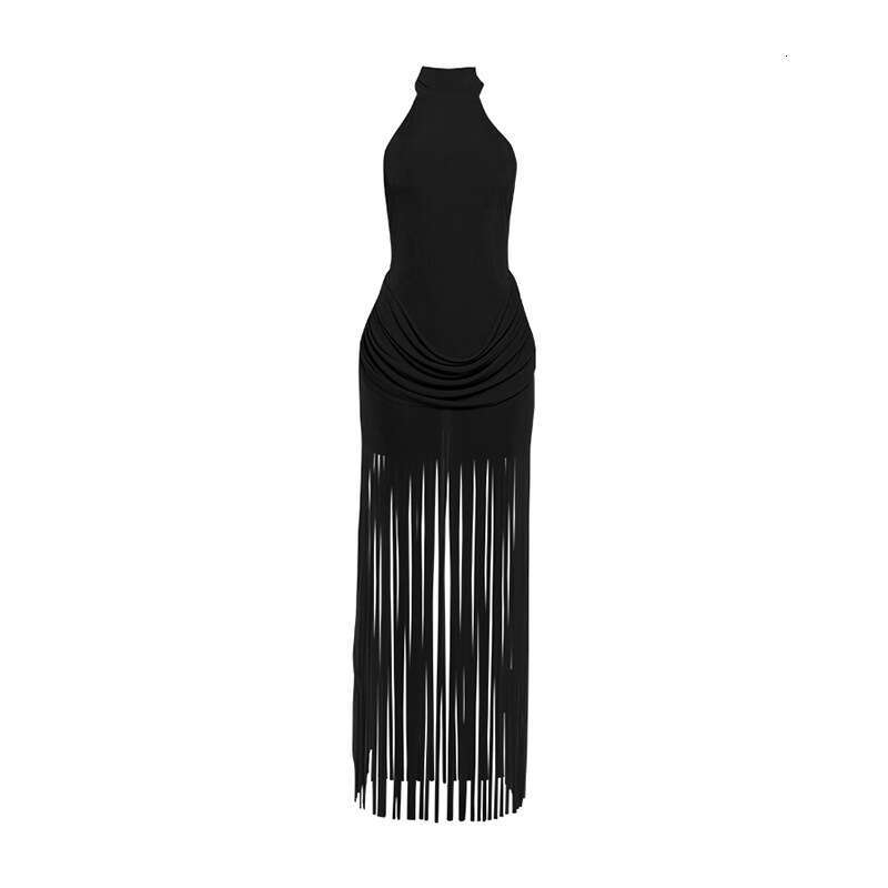 Cross-border European American style 2025 winter new women's fashion dress with tassel design, solid color, sexy halter neck and backless design