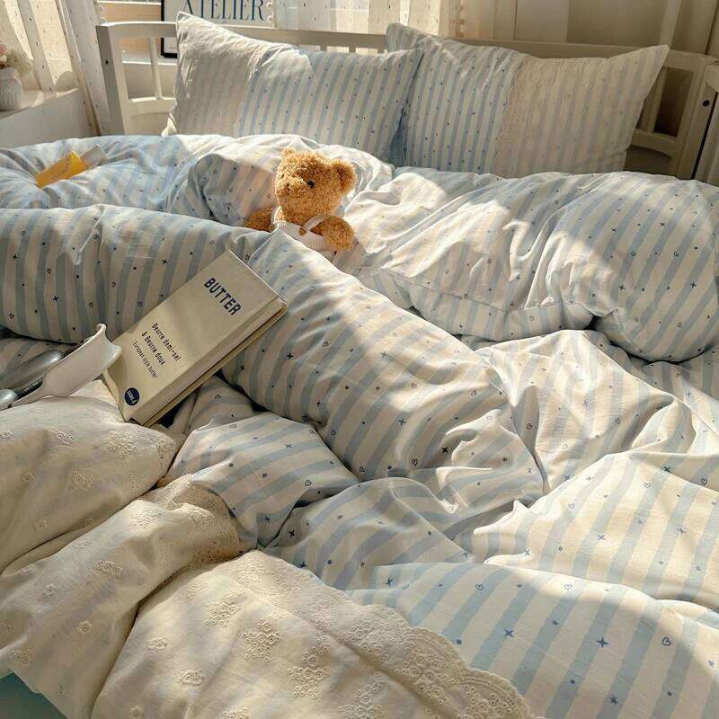 Striped Princess Bedding INS Nordic Girls Soft Washed Cotton Flat Sheet Twin Queen Size Duvet Set Pillowcase Bed Linens H260312 - view 3