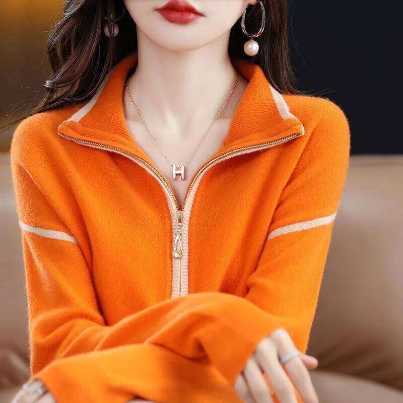 2024 Polo Collar Wool Women's New Half High Zipper Loose Outer Hoodie High-End Base Knit Sweater Solid Color Jacket Lady Z260313