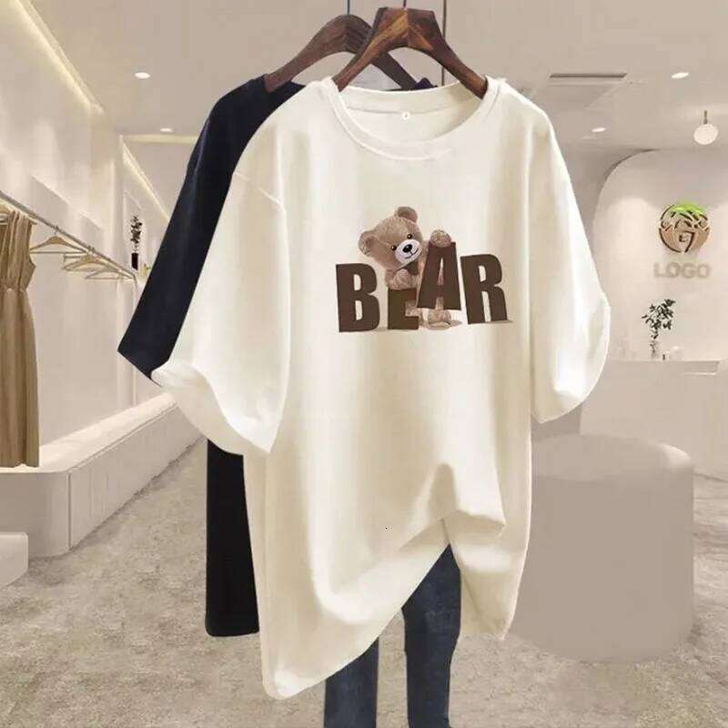 Summer Chic Letter Printing Bear T-shirt Women O-neck Short Sleeve Cotton Basic Top Tee Casual Loose Oversized Pullover 45-105Kg Z260314