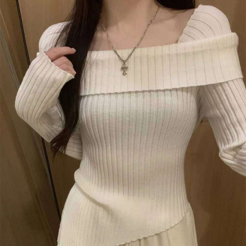 Off Shoulder Long Sleeve Ribbed Knit Sweater Fitted Pullovers Women Off-the-Shoulder Jumper Autumn Winter Outfit Z260313