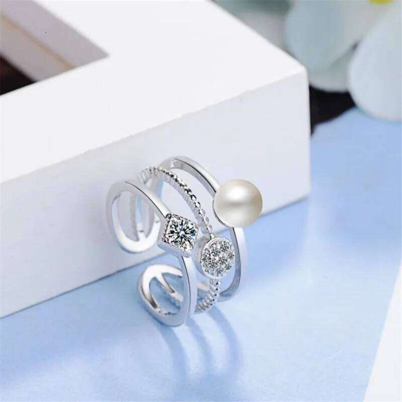925 Sterling Silver For Women Trendy Multi-layer Pearl Mosaic Cz Zirconia Resizable Rings Bague Femme S-r217 H260312