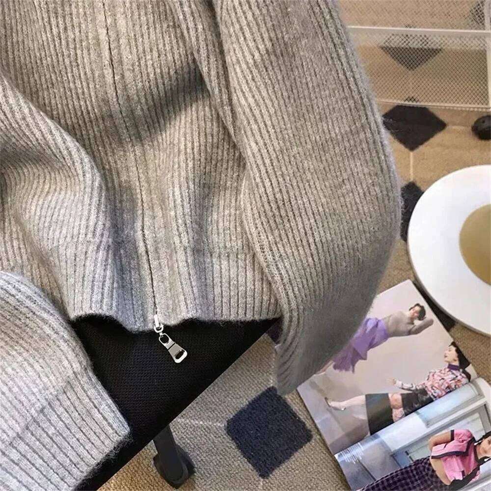 Double Zipper Vintage Flip Collar Women Harajuku Autumn Winter Knitted Cardigan Sweater Jacket Student Korean Version Ladies Top Z260313