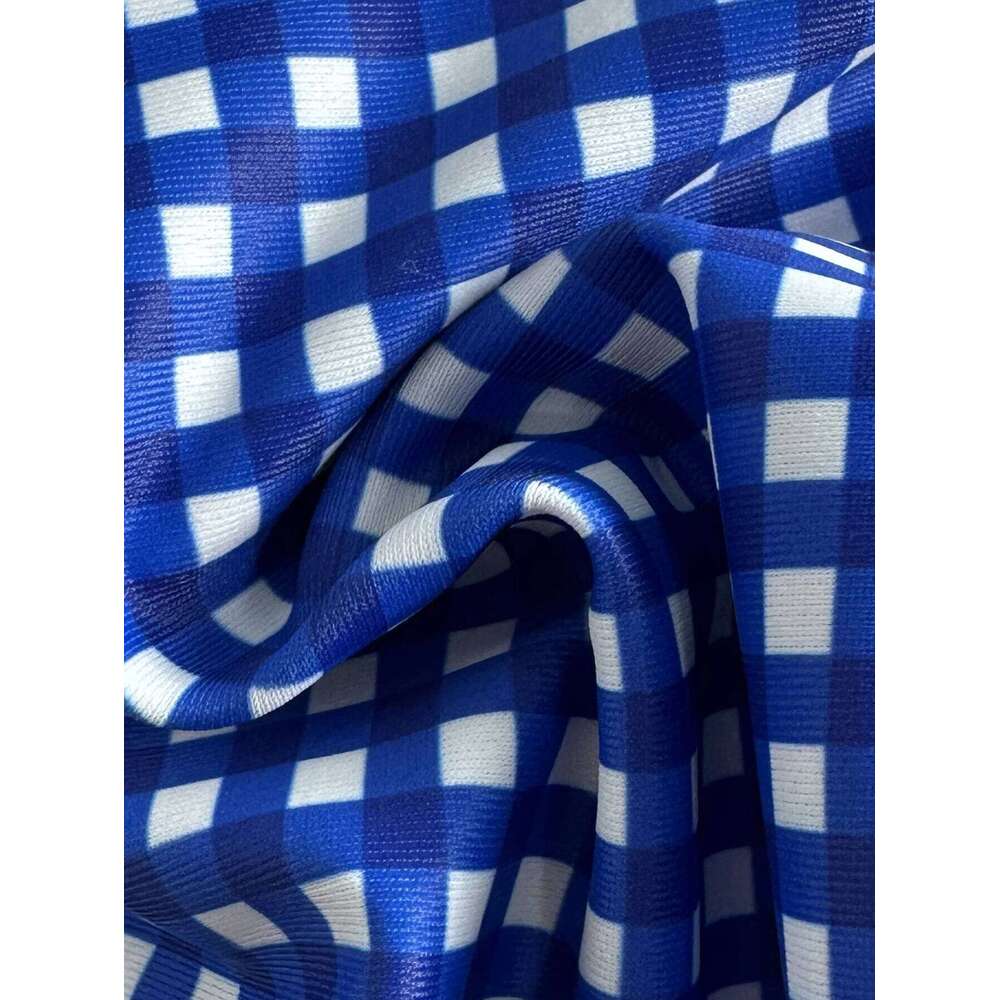 Women's Bikini Set, Ins-Style Picnic Mat Blue White Checkered Two-Piece Swimsuit, Popular Bow-Tie Sexy Halter Tie-Up Triangle Top an 26H0313