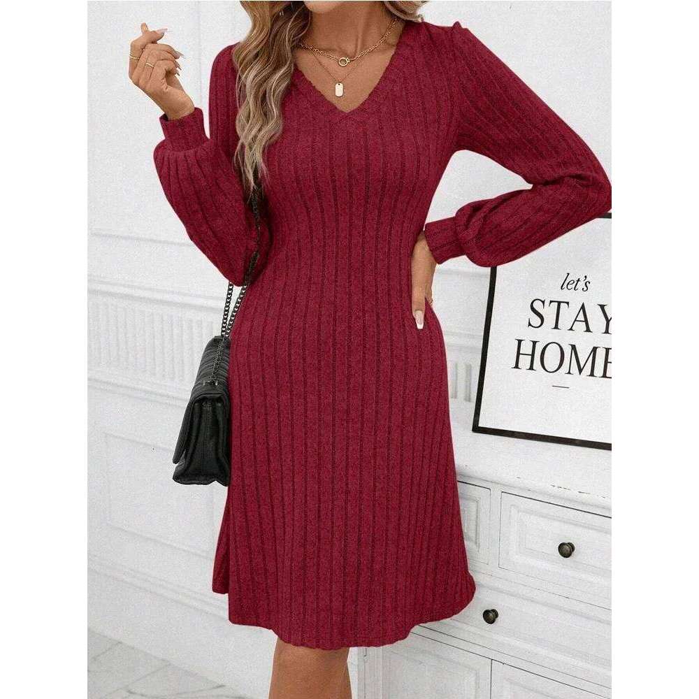Solid Color Long Sleeve Knitted Ribbed Women Mini Dress Winter Warm V-neck Pit Stripe Dresses Casual Party Vacation New Clothes Z260314