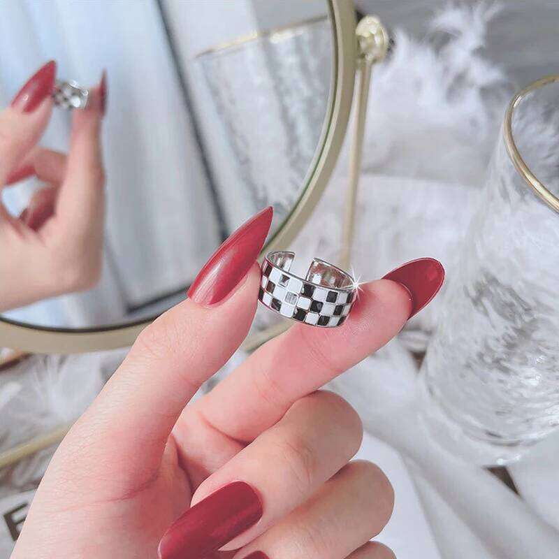 New Fashion 925 Sterling Silver Black Grid 8mm Wide Adjustable Rings Women&Girl Jewelry Gift Chessboard Design Trend Ring H260312