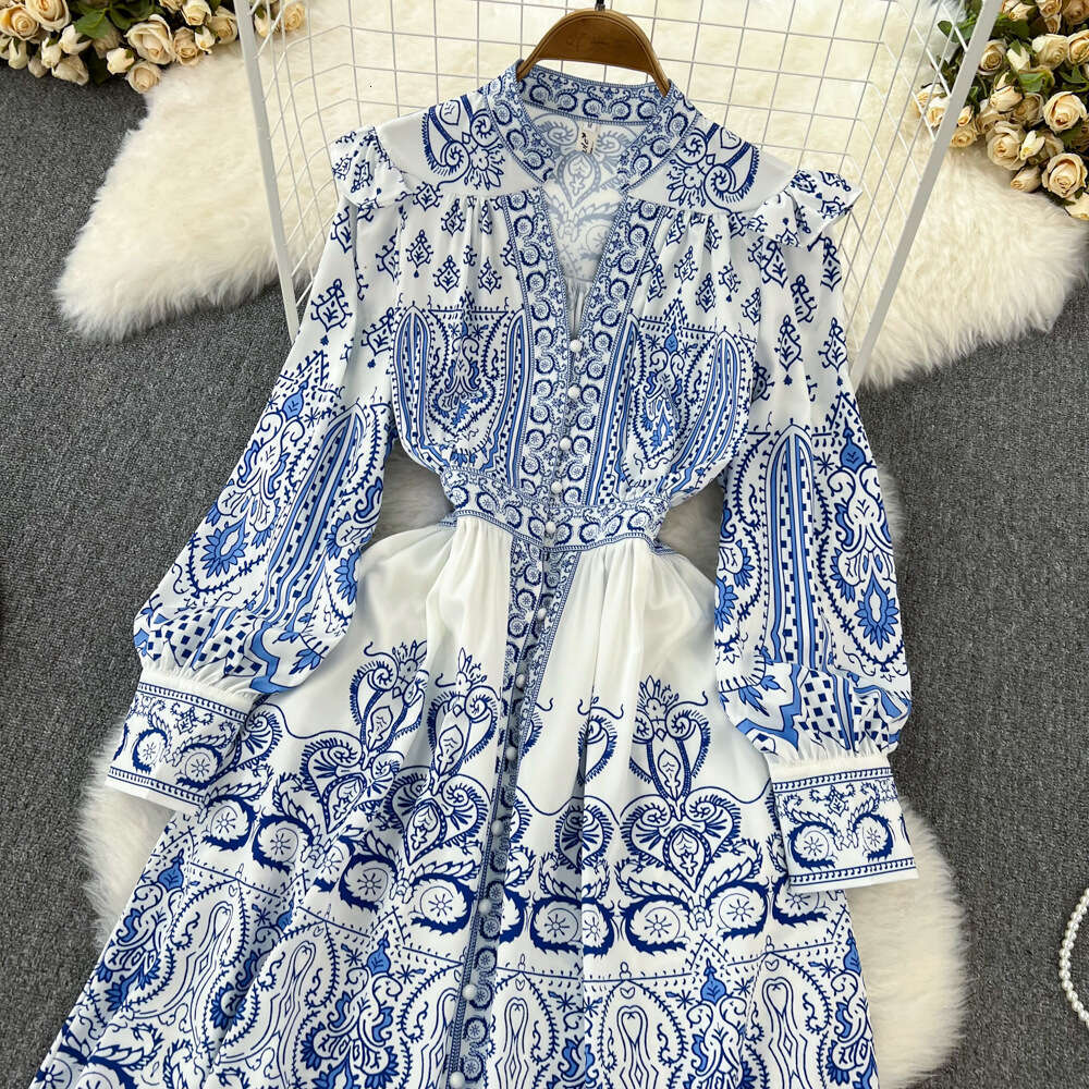 Spring and Autumn Vintage Palace Style Elegant Ruffle V-neck Single breasted Lantern Sleeve Waist A-line Printed Dress