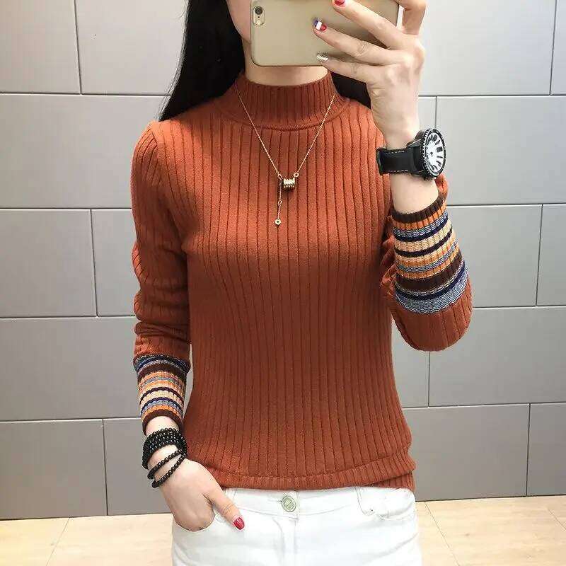 Autumn Winter Knitted Sweater Women's Clothing Pullover Long Sleeve Half High Collar Screw Thread Elegant Fashionable Tops Z260313