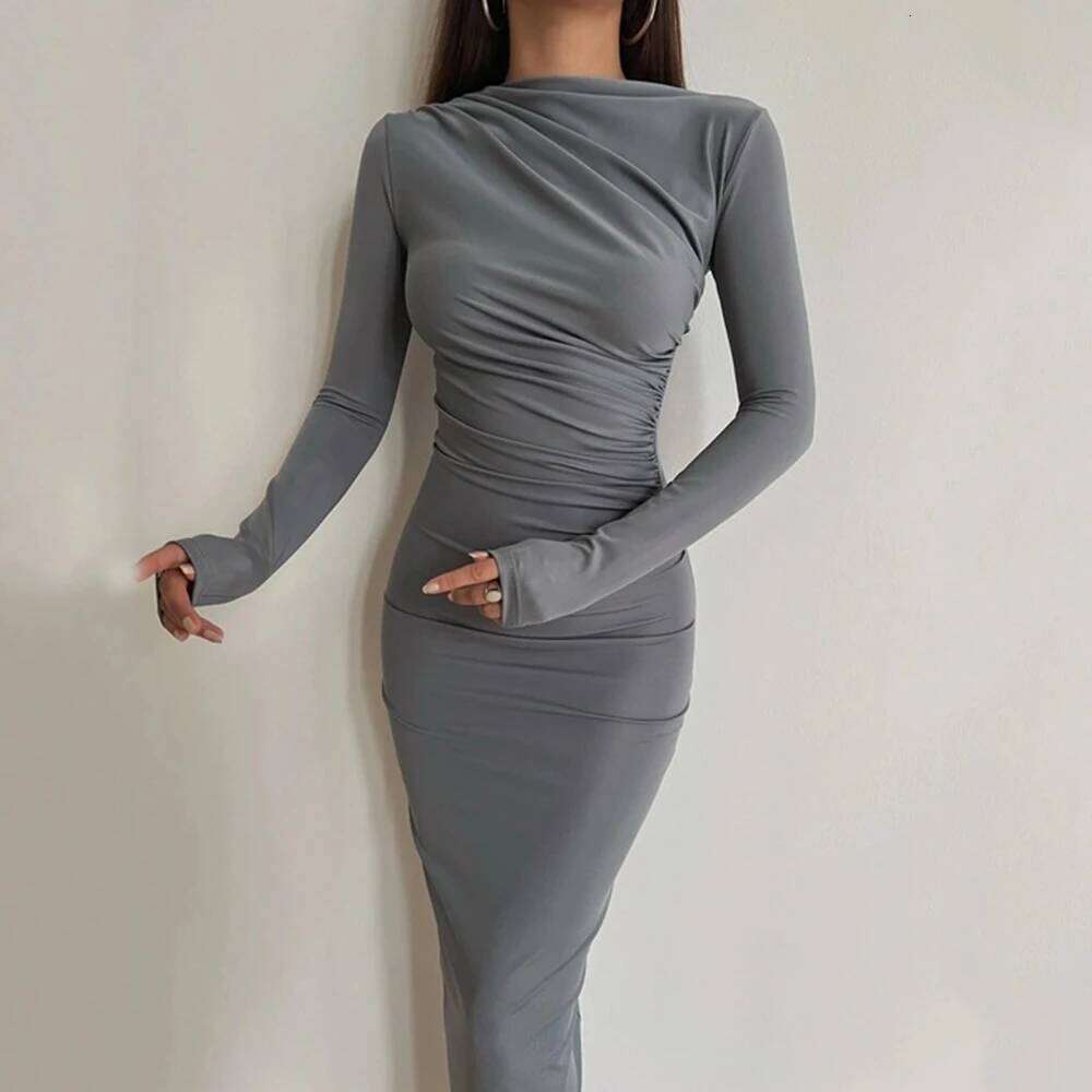 Sexy Bodycon Long Sleeve Midi Dress 2024 Autumn Slim Solid Party Package Hip Elegant Dresses For Women Robe Femme Z260313