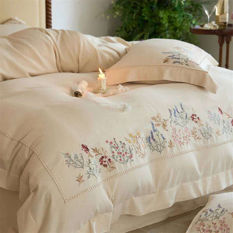 Natural Cotton Linen Vintage French Flowers Embroidery Bedding Set Duvet Cover Flat/Fitted Bed Sheet Pillowcases 4Pcs H260312 - view 5