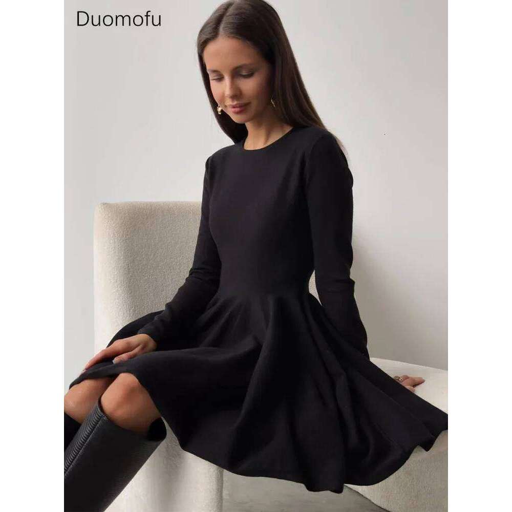 Duomofu Knit Mini Dresses Women Autumn Winter Long Sleeve Sweater Female Elegant Fashion Slim A Line Pleated Dress Vestido Z260313
