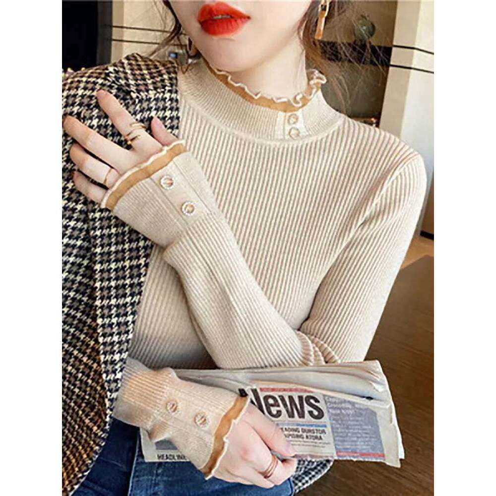2025 Knitted Women Sweater O-neck Button Pullovers Autumn Winter Basic Sweaters for Female Pullover Slim Solid Bold Lace Tops Z260314