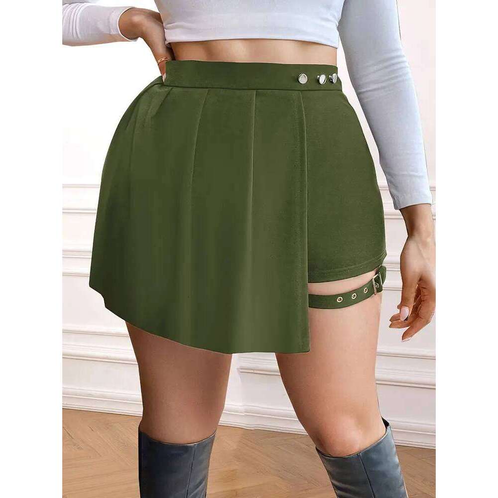 New Plus Size Metal Button Irregular Skirt Pants Sexy Thigh Strap Solid Mini Culottes Fashion Versatile Women's Clothing Bottoms Z260314