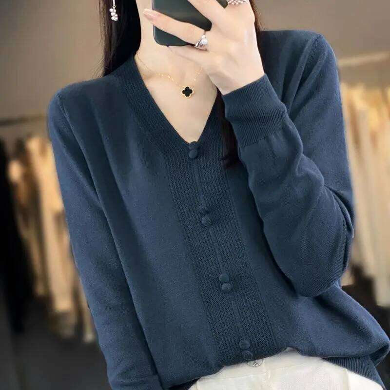 Fashion V Neck Button Detail Knit Sweater Versatile Long Sleeve Pullover Top Z260313