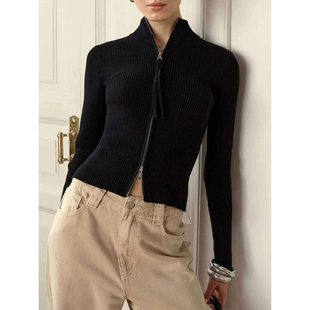 Wolfeel Autumn New Women's Stand Collar High Quality Sweaters Slim Fit Long Sleeve Double Zipper Knit Cardigan Cozy Outerwear Z260314
