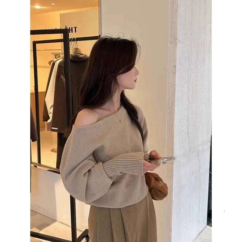 Chic Soft Off Shoulder Cozy Fleece Knit Sweater Women Korean Style Elegant Cable Long Sleeve Warm Pullover Winter Relaxed Tops Z260313