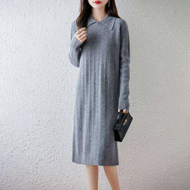 Yoyoselect 100% Merino Wool Women's Polo Collar Autumn Winter Straight Soft Warm Dresses Cashmere Knitted OL Dress Z260314