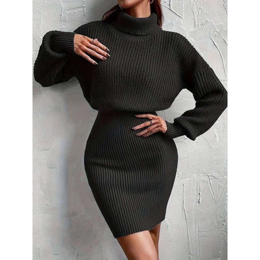 2024 New Versatile High-neck Dropped-Sleeve Sweater Dress Z260314