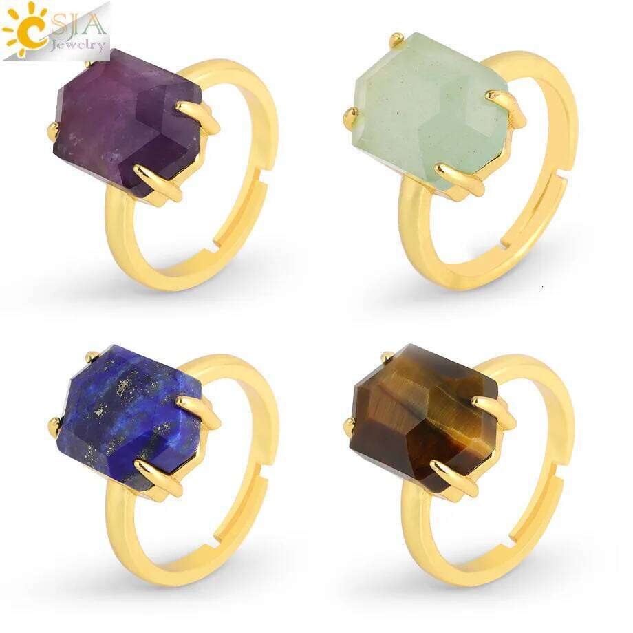 CSJA Natural Stone for Men Faceted Crystal Healing Tiger Eye Amethysts Gold Color Ring Jewelry Accessorise H544 H260312