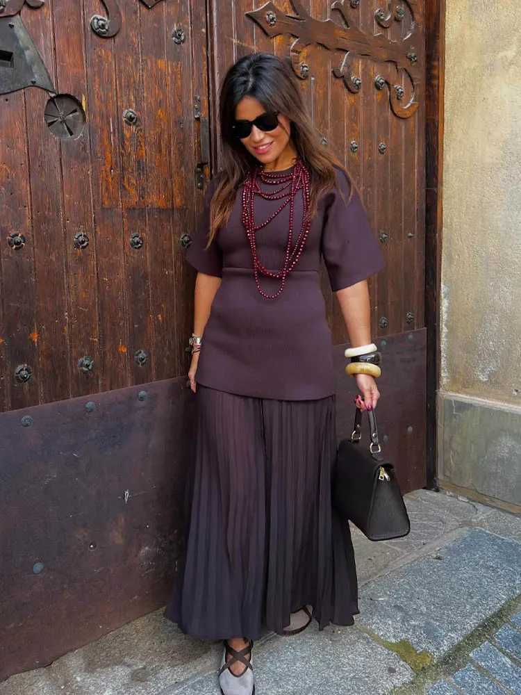 HH Women Elegant Half Sleeves O-Collar Pleated Dress Spring Woman Rear Zipper Splicing Vintage Casual Knitted Long DressT260314