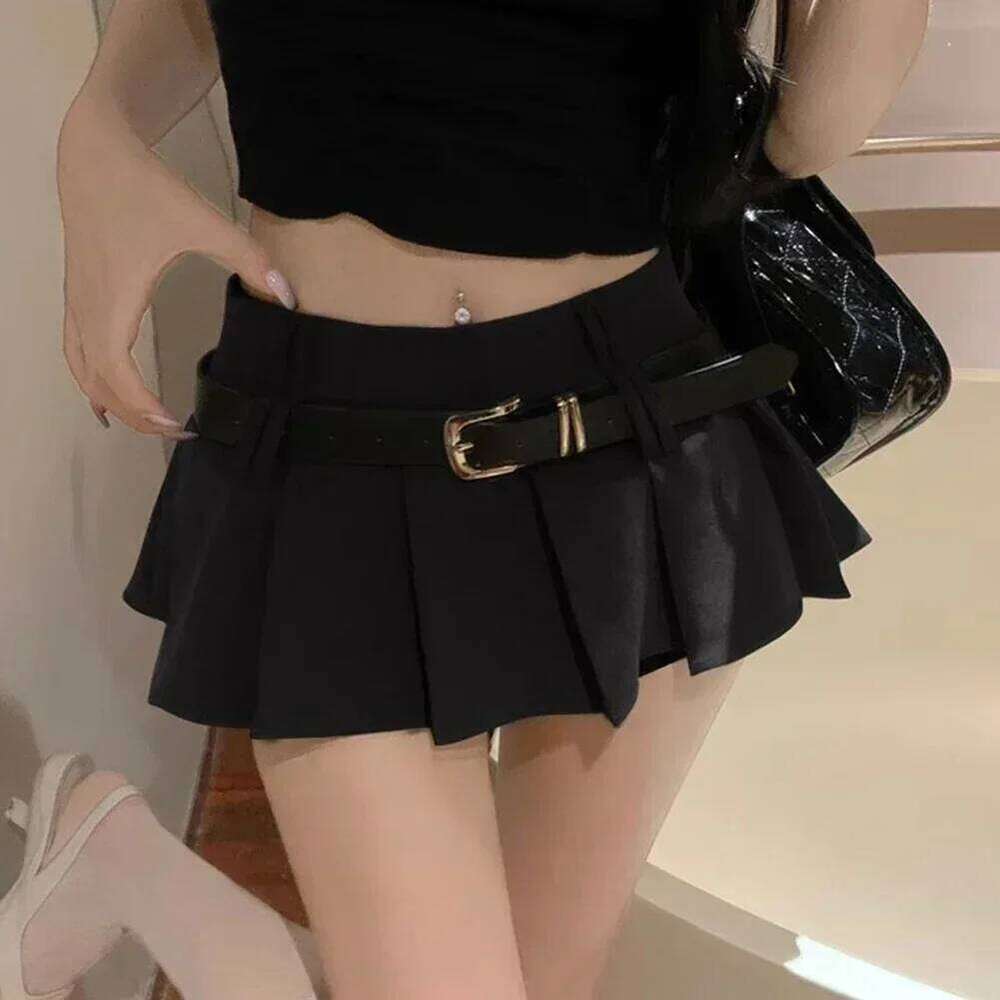 Sexy Pleated Mini Skirt With Shorts Women Korean Waist Belt Slim A-line Miniskirt Grey Black School High Street Z260314