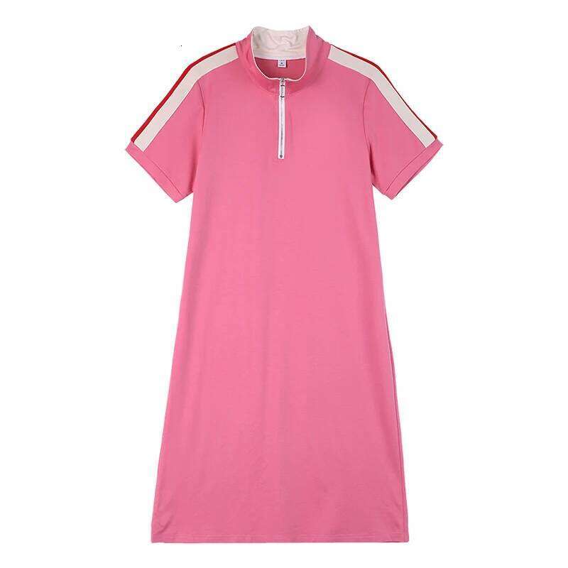 Women's Summer Pullover Turtleneck Solid Zipper Short Sleeve Casual Vacation Vintage Loose Elegant Knee Office Lady Dress Z260313