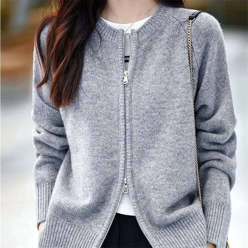 Knit Women Cardigan Casual Full Sleeve Zipper O Neck Pleated Solid Lady Sweater 2025 Autumn Fashion Female Knitwear Z260313
