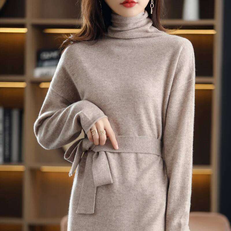25 The new pullover 100% wool ladies solid color long-sleeved knitted fashion slim long high-neck cashmere dress sweater Z260313