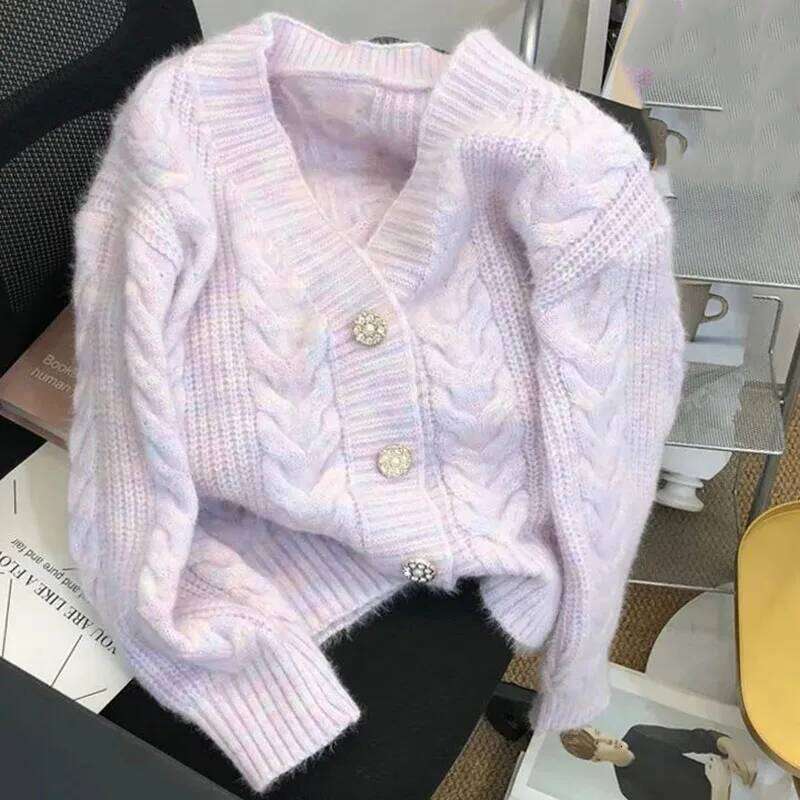 Korean Women Small Fresh Short Knitted Tops Coat 2025 Female V-neck Sweater Cardigan Spring Autumn Ladies Loose Knitting Jacket Z260313