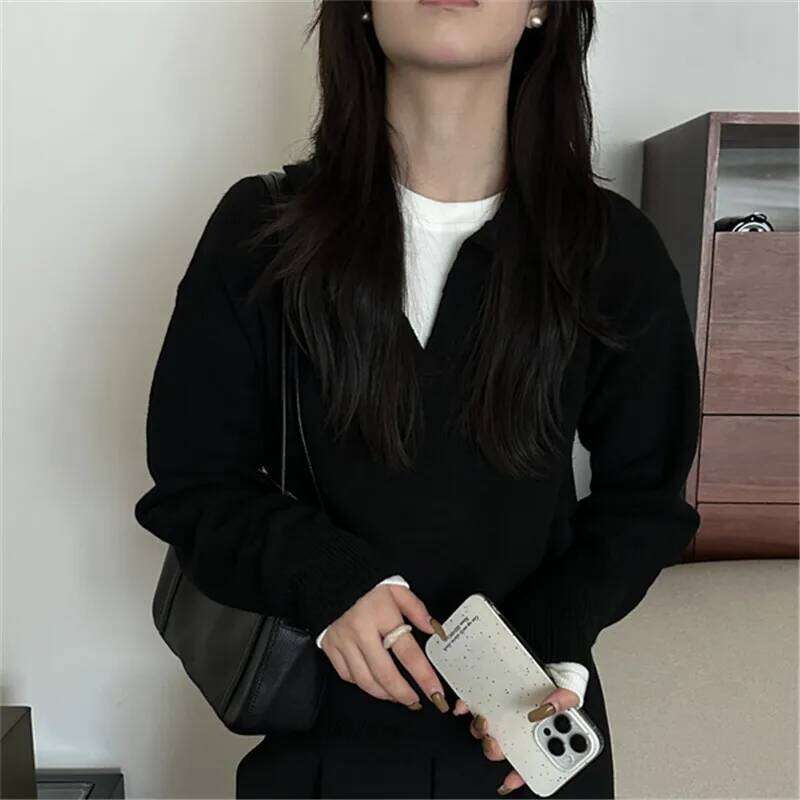 Knitwears Fashion Long Sleeve Knitted Pullovers Sweaters Turn Down Collar Knit Sweater Pullover Women Tops Q926 Z260314
