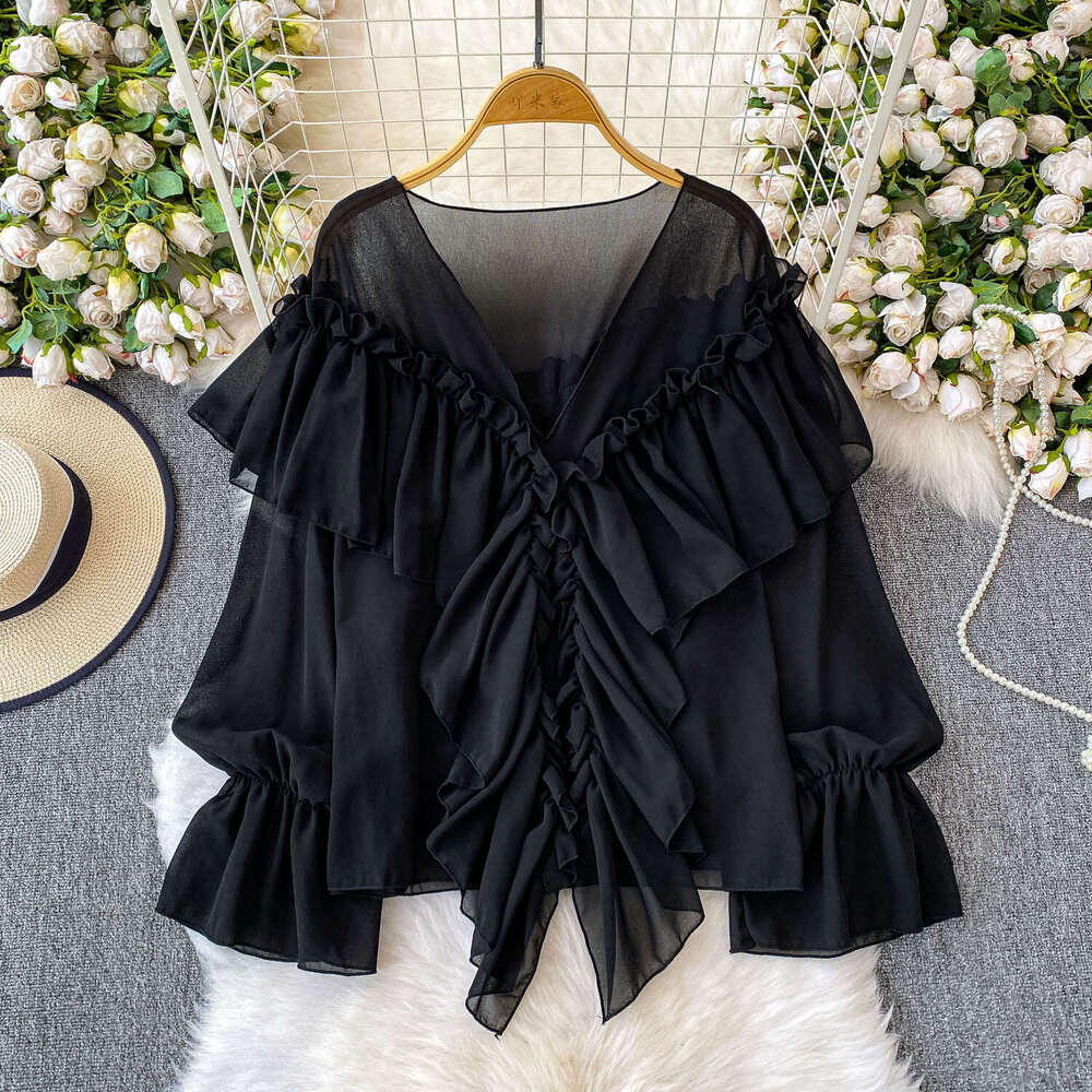 White V-neck bell shaped sleeve A15 sunscreen wrinkle resistant chiffon women's shirt 2026 summer elegant loose fit with ruffled details