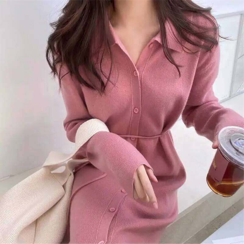 Women Spring Autumn Solid Color Turn Down Collar Long Sleeve Knitting Sweater Cardigan Slim Korean Bodycon Party Midi Dress Z260314