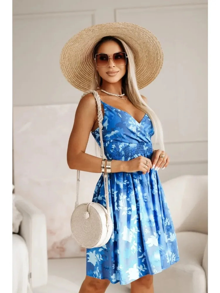 Fashion Womens Summer Wrap Pleated Dresses Ladies Floral Print Sexy Spaghetti Strap Sling DressBeach Dress A Line Sundress 260313