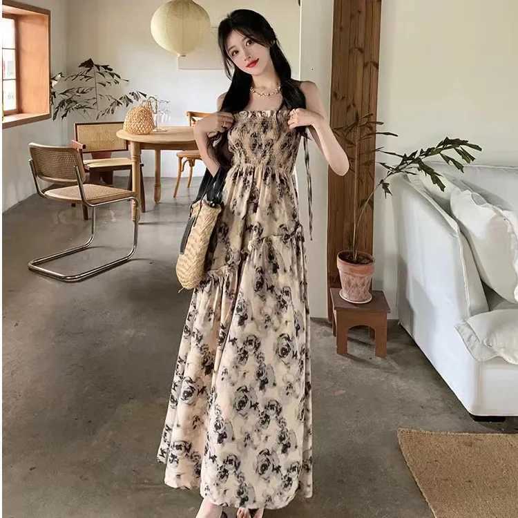 Elegant Long Dress 2024 New Summer Vacation Style High-waisted Slimming Sleeveless Tank Dress Fragrant FlowersT260316