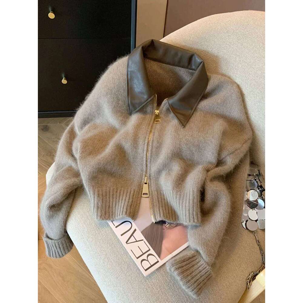 Women Leather Collar Patchwork Double Zipper Knit Graceful Fit Temperament Outer Wear Lapel Knitted Cardigan Jacket Z260314